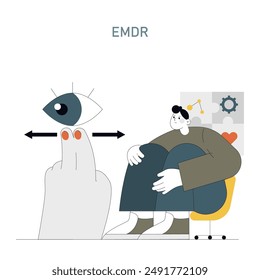 EMDR therapy concept. A person undergoing eye movement desensitization and reprocessing for mental health. Coping mechanisms and psychological healing. Vector illustration.