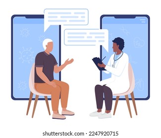 E-meeting with male doctor flat concept vector illustration. Visit therapist. Editable 2D cartoon characters on white for web design. Viral disease creative idea for website, mobile, presentation