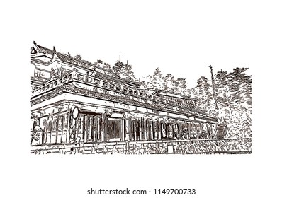 Emei Shan Sacred Mountain, Sichuan, China. One of the Four Sacred Buddhist Mountains of China. Hand drawn sketch illustration in vector.