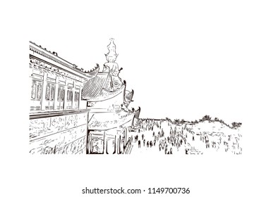 Emei Shan Sacred Mountain, Sichuan, China. One of the Four Sacred Buddhist Mountains of China. Hand drawn sketch illustration in vector.