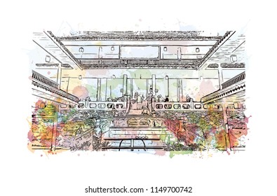 Emei Shan Sacred Mountain, Sichuan, China. One of the Four Sacred Buddhist Mountains of China. Watercolor splash with Hand drawn sketch illustration in vector.