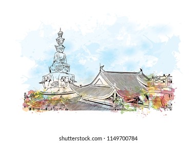 Emei Shan Sacred Mountain, Sichuan, China. One of the Four Sacred Buddhist Mountains of China. Watercolor splash with Hand drawn sketch illustration in vector.