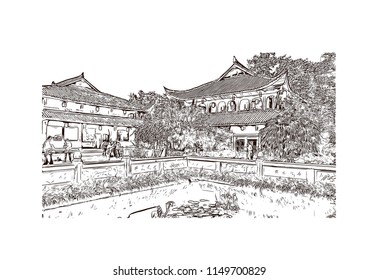 Emei Shan Sacred Mountain, Sichuan, China. One of the Four Sacred Buddhist Mountains of China. Hand drawn sketch illustration in vector.