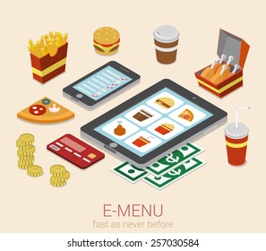 E-menu electronic mobile device menu meal online order flat 3d isometric cafe restaurant bistro fastfood infographic web concept template. Burger sandwich pizza fried potato cola phone tablet website.