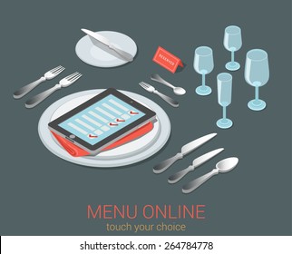 E-menu Electronic Mobile Device Menu Meal Seat Online Order Reservation Flat 3d Isometric Cafe Restaurant Infographic Web Concept Template. Phone Tablet Checklist On Empty Plate Cutlery Kitchen Glass. 