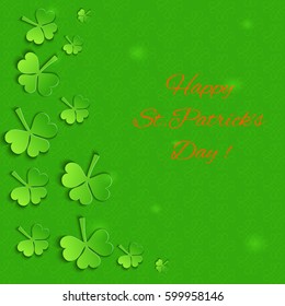 Emerald Background with Paper Shamrock Leaves and Celtic Symbols.  Template for St.Patricks Day. Vector EPS 10
