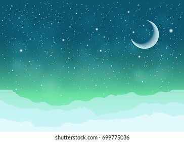 Emerald background with polar Northern Lights, moon and glaciers.