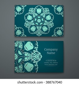 Emerald business card with flower and Ornaments in Baroque Style.