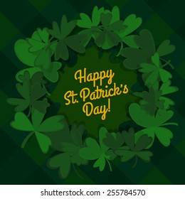 emerald cartoon shamrock and plaid background. saint patrick's day template. vector illustration