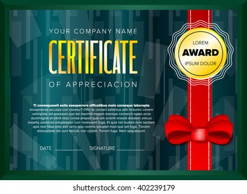 Emerald certificate design with red ribbon and bow