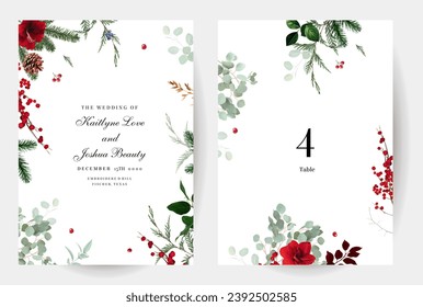 Emerald Christmas greenery, red amaryllis, winter berry, cedar, emerald pine, spruce vector design frames. Winter wedding or new year party invitation cards. Watercolor style. Isolated and editable