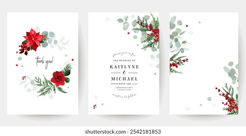 Verde de Navidades esmeraldas, amarillis rojo, baya de invierno, cedro, pino esmeralda, marcos de diseño de Vector de abeto. Tarjetas de invitación de boda de invierno o fiesta de año nuevo. Estilo de acuarela. Aislado y editable