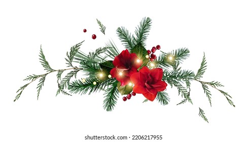 Emerald christmas greenery, red poinsettia, amaryllis, spruce, fir, cedar, winter berry vector design garland. Wedding or new year party invitation border. Watercolor style. Isolated and editable