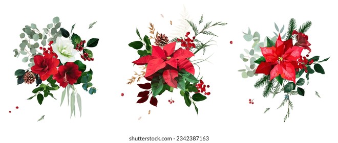 Emerald christmas greenery, red poinsettia, amaryllis, spruce, fir, cedar, winter berry vector design garlands. Wedding or new year party invitation borders. Watercolor style. Isolated and editable