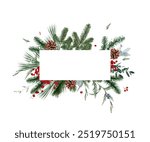 Emerald Christmas greenery, red winter berry, juniper, cedar, emerald pine, spruce vector design frame. Winter chic wedding or new year party invitation card. Watercolor style. Isolated and editable