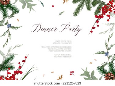 Emerald Christmas greenery, red winter berry, juniper, cedar, emerald pine, spruce vector design frame. Winter chic wedding or new year party invitation card. Watercolor style. Isolated and editable