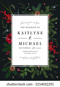 Emerald Christmas greenery, red winter berry, juniper, cedar, emerald pine, spruce vector design frame. Winter chic wedding or new year party invitation card. Watercolor style. Isolated and editable