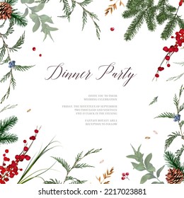 Emerald Christmas greenery, red winter berry, juniper, cedar, emerald pine, spruce vector design frame. Winter chic wedding or new year party invitation card. Watercolor style. Isolated and editable