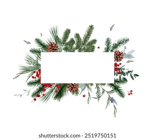 Emerald Christmas greenery, red winter berry, juniper, cedar, emerald pine, spruce vector design frame. Winter chic wedding or new year party invitation card. Watercolor style. Isolated and editable