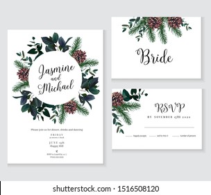 Emerald christmas greenery, spruce, fir, pine cones seasonal vector design frames. Woodland simple style. Winter chic wedding or new year party invitation cards. Watercolor. Isolated and editable