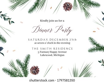 Emerald christmas greenery, spruce, fir, pine cones seasonal vector design frame. Woodland simple style. Winter chic wedding or new year party invitation card. Watercolor style. Isolated and editable