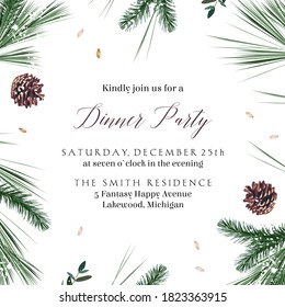 Emerald christmas greenery, spruce, fir, pine cones seasonal vector design frame. Woodland simple style. Winter chic wedding or new year party invitation card. Watercolor style. Isolated and editable