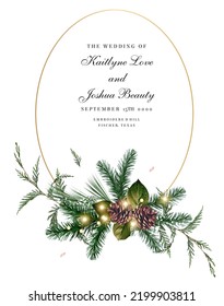 Emerald christmas greenery, spruce, fir, cedar, pine cones vector design oval frame. Winter wedding or new year party invitation border. Simple watercolor. Illuminated garland Isolated and editable