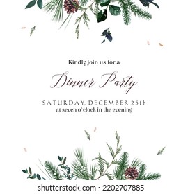 Emerald christmas greenery, spruce, fir, pine cones seasonal vector design frame. Woodland simple style. Winter chic wedding or new year party invitation card. Watercolor style. Isolated and editable