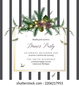 Emerald christmas greenery, spruce, fir, cedar, pine cones vector striped frame. Winter wedding or new year party invitation border. Simple watercolor style. Illuminated garland Isolated and editable