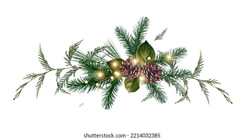 Verdor de navidad esmeralda, picor, abeto, cedro, ramo de diseño vectorial de conos de pino. Boda de invierno o frontera de invitación de fiesta de año nuevo. Sencillo estilo acuarela. Garland iluminado Aislado y editable