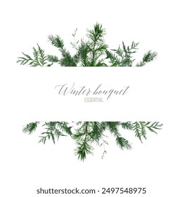 Emerald christmas greenery, spruce, fir, pine seasonal vector design frame. Woodland simple style. Winter chic wedding or new year party invitation card. Watercolor style banner. Isolated and editable