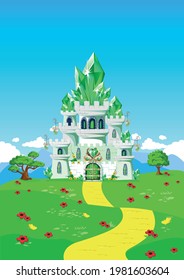 Emerald city and yellow brick road on a fairy tale background. Vector vertical illustration of an emerald castle.