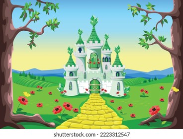 Emerald city and yellow brick road on a fairy tale background. Vector illustration of an emerald castle.