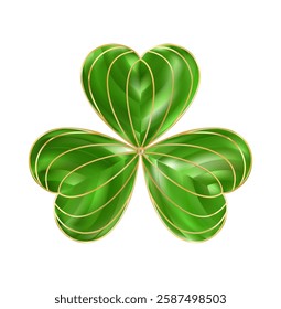 Emerald Clover leaf icon. Three leaves logo. Luxury Green floral symbol. St Patrick Day decoration for greeting card. Irish tradition motif, ornament element. Vector illustration EPS 10.