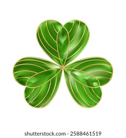 Emerald Clover leaf icon. Three leaves logo. Luxury Green floral symbol. St Patrick Day decoration for greeting card. Irish tradition motif, ornament element. Vector illustration EPS 10.