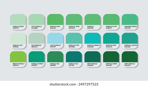 Emerald Color Palette, Emerald Color Guide Palette with Color Names. Catalog Samples of Emerald with RGB HEX codes and Names. Green Colors Palette Vector, Fashion Trend Green Color shades Vector