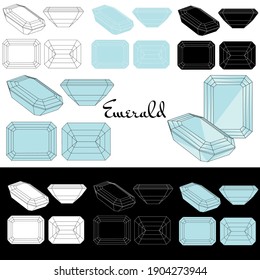 Emerald cut. Cutting gems stones. Types of diamond cut. Four sides of jewelry with facets for background, carving and coloring. Black, white and color variants. 