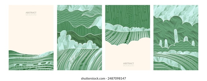 Emerald field rice, wheat, tea terraces. Green rural landscape, abstract collage, nature view. Vintage art, modern design. Flat vector illustration on rough paper. Farm, forest, mountain background