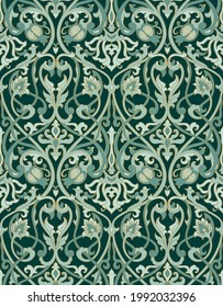 Emerald floral background. Seamless oriental pattern with stylized birds.