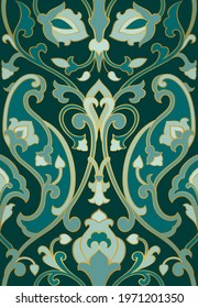 Emerald floral background. Seamless pattern with stylized birds.