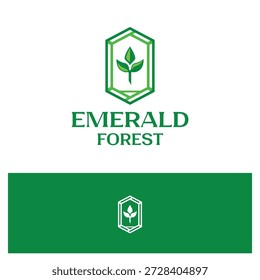 Diseño de logotipo de bosque esmeralda: emblema de hoja de Naturaleza verde, identidad de marca ecológica.