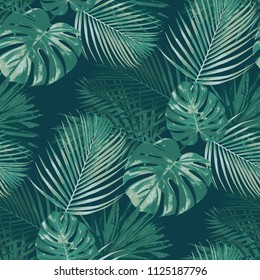 Emerald forest vector seamless pattern. tropical dark background botany green texture