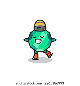 emerald gemstone cartoon as an ice skating player doing perform , cute style design for t shirt, sticker, logo element