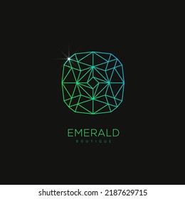 Emerald gemstone crystal emblem. Logo design template for jewelry business, fashion brand, boutique. Linear style. Vector illustration.