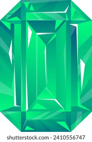 Emerald gemstone illustration. Shiny green faceted jewel, luxury gem, isolated on white. Precious stone and wealth concept vector illustration.