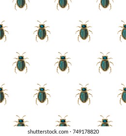 Emerald and gold beetle brooch vector seamless pattern. Elegant insect background.