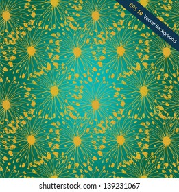 Emerald and golden grunge radial pattern. Decorative seamless background with stylized flowers for crafts, textile, wallpapers, web pages
