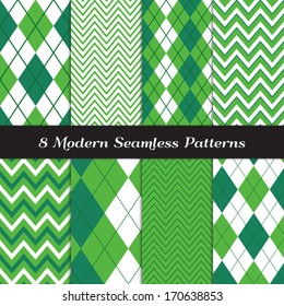Emerald and Green Argyle and Chevron Seamless Patterns. St. Patrick's Day or Golf theme backgrounds. Pattern Swatches included and made with Global Colors.