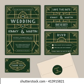 Emerald green art deco wedding invitation template. Art deco frame and invitation card. Include Wedding invitation, Save the date card, RSVP card, Thank you card. Vector illustration
