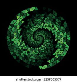 Triángulos de color verde esmeralda en espiral circular como fondo o icono, logotipo, tatuaje. Símbolo de Mosaic Yin y yang.